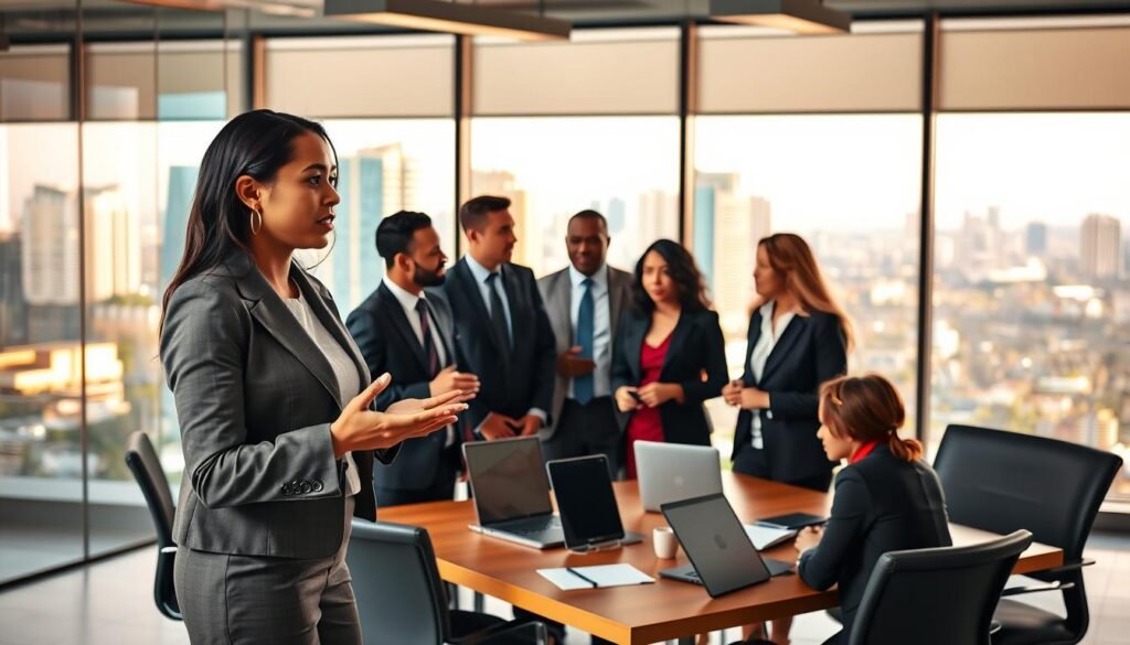 A bustling corporate environment in Barranquilla, showcasing a diverse group of professionals engaged in lively discussions. In the foreground, a confident businesswoman in smart attire gestures as she speaks to a group, embodying leadership and collaboration. The middle ground features a mix of professionals, including a Black man and a Hispanic woman, all dressed in formal business attire, exchanging ideas around a modern conference table adorned with laptops and documents. The background reveals large windows with a view of the city's skyline, letting in warm, natural light, creating an inviting atmosphere. The mood is dynamic and inspiring, reflecting the innovative spirit of Barranquilla’s corporate culture, with emphasis on teamwork and talent development.
