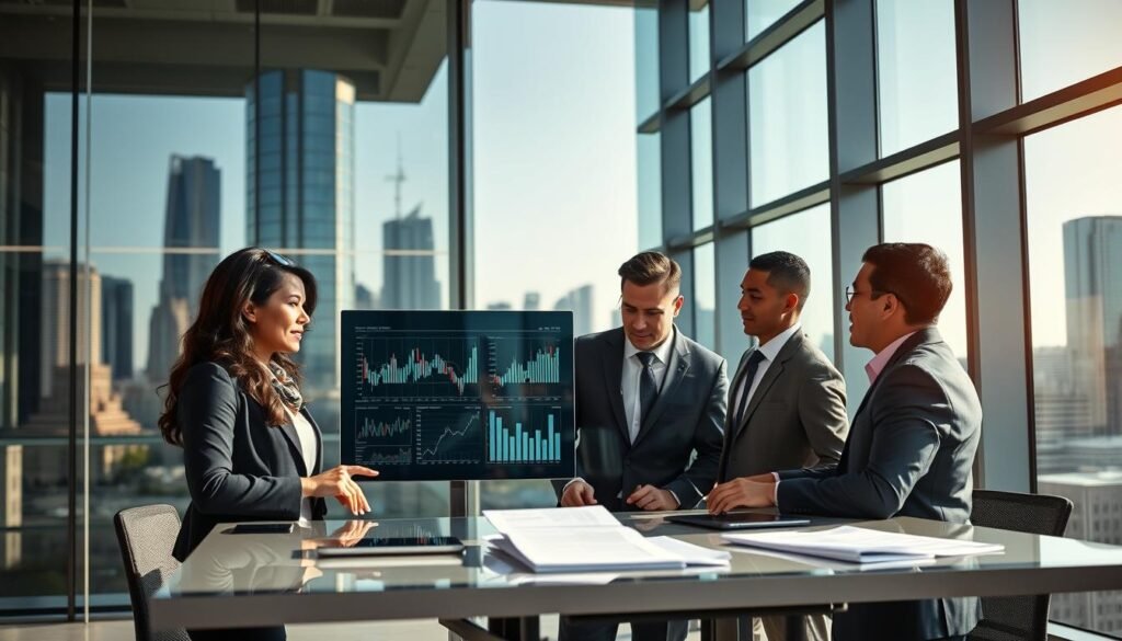A bustling modern financial office with a glossy glass exterior in the background, showcasing an urban skyline. In the foreground, a diverse group of four professionals in business attire, including a woman of Colombian descent with dark hair and a man with light brown skin, are gathered around a large touchscreen display, analyzing financial trends and data charts filled with graphs and numbers. The middle ground features sleek desks with digital devices and financial reports scattered. Natural light pours in through large windows, casting dynamic shadows, creating an atmosphere of innovation and urgency. The mood is focused yet optimistic, reflecting the current financial market's challenges and trends.