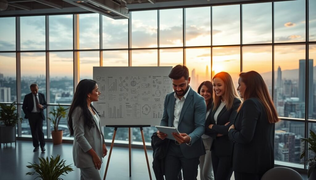 A bustling modern office environment in Medellín, showcasing a diverse group of professionals engaged in a dynamic brainstorming session. In the foreground, a group of three diverse individuals, two women and one man, dressed in smart casual business attire, collaborate over a digital tablet displaying growth charts. The middle ground features a large whiteboard filled with ideas and sketches, symbolizing creativity and organizational development. The background showcases panoramic city views through large glass windows, with the stunning Medellín skyline at sunset, casting warm golden hues across the room. Soft, natural lighting enhances the atmosphere, creating a feeling of innovation and ambition. The scene embodies teamwork, progress, and the benefits of talent acquisition for organizational growth. A bustling modern office environment in Medellín, showcasing a diverse group of professionals engaged in a dynamic brainstorming session. In the foreground, a group of three diverse individuals, two women and one man, dressed in smart casual business attire, collaborate over a digital tablet displaying growth charts. The middle ground features a large whiteboard filled with ideas and sketches, symbolizing creativity and organizational development. The background showcases panoramic city views through large glass windows, with the stunning Medellín skyline at sunset, casting warm golden hues across the room. Soft, natural lighting enhances the atmosphere, creating a feeling of innovation and ambition. The scene embodies teamwork, progress, and the benefits of talent acquisition for organizational growth.