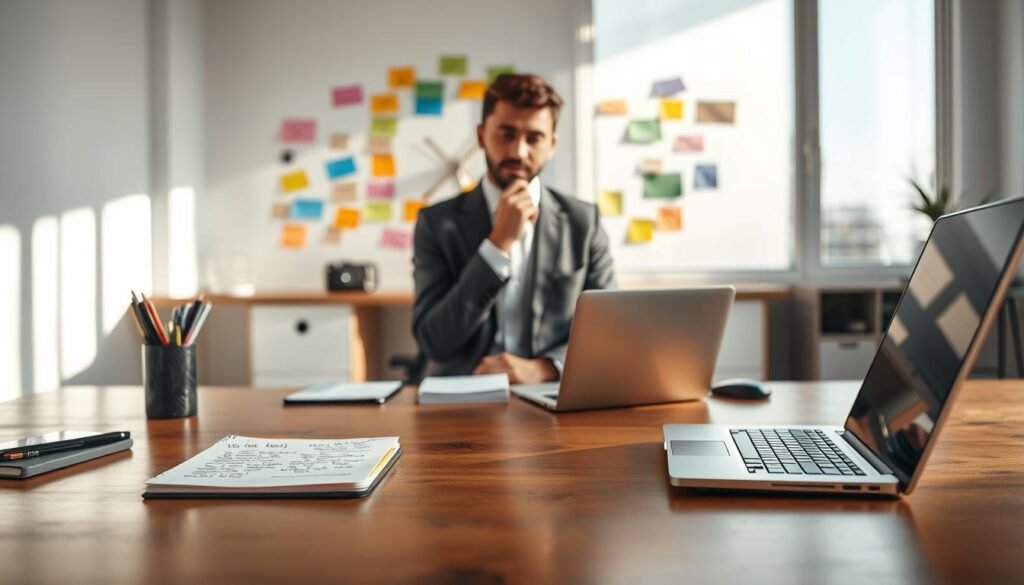 A clean, modern office workspace is illustrated in the foreground, featuring a polished wooden table with neatly arranged stationery, a notepad displaying neatly written questions, and a laptop. In the middle ground, a focused individual in professional attire is seen thoughtfully pondering, surrounded by colorful mind maps and post-it notes that represent various questions and strategies for clarity. The background features a large window with natural light pouring in, illuminating the room and creating a bright, inspiring atmosphere. Soft shadows enhance the depth, while a shallow depth of field draws attention to the individual and their work. The overall mood conveys motivation and productivity, ideal for fostering skills in question formulation.