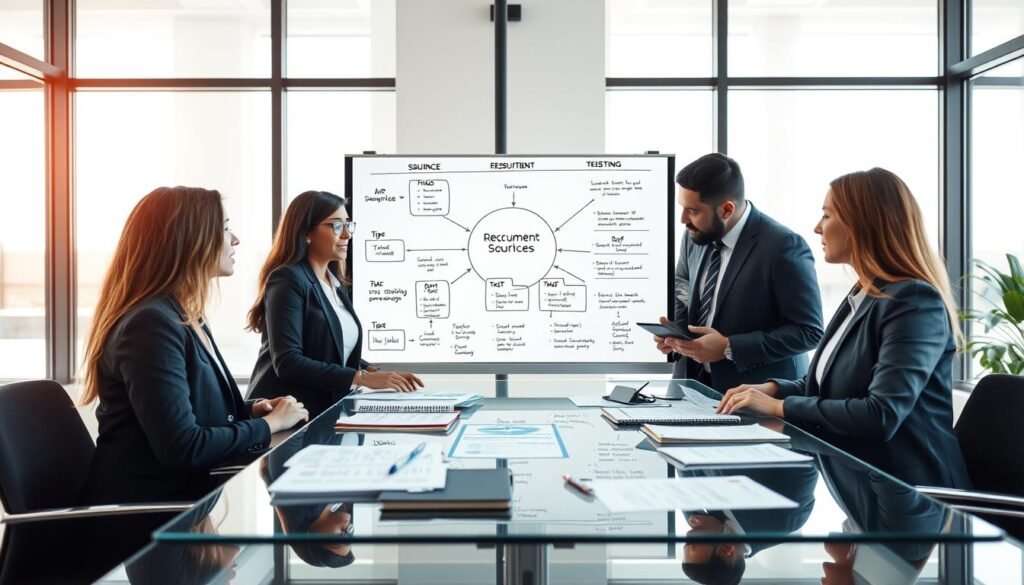 A collaborative scene depicting a professional recruitment meeting in a modern office. In the foreground, a diverse group of three HR professionals, dressed in smart business attire, are engaged in discussion while reviewing resumes and notes on a sleek glass table. The middle ground features a digital whiteboard filled with strategic diagrams and bullet points highlighting different stages of the recruitment process—such as talent sourcing, interviewing, and candidate evaluation. In the background, large windows let in soft, natural light, creating an inviting atmosphere that emphasizes productivity and focus. The overall mood reflects collaboration, professionalism, and insight, capturing the essence of effective personnel selection strategies in action.