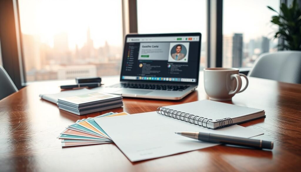 A collection of executive coaching tools artistically displayed on a polished wooden desk in a modern office environment. In the foreground, include a neatly arranged set of colorful coaching cards, a high-quality notebook, and a sleek pen. In the middle background, show a laptop with an open coaching software interface, alongside a coffee cup to convey a warm atmosphere. In the far background, a large window reveals a city skyline reflecting soft morning light, creating an uplifting and motivational mood. Use natural, diffused lighting to enhance the inviting space, shot from a slightly elevated angle to capture the organized layout of the tools.