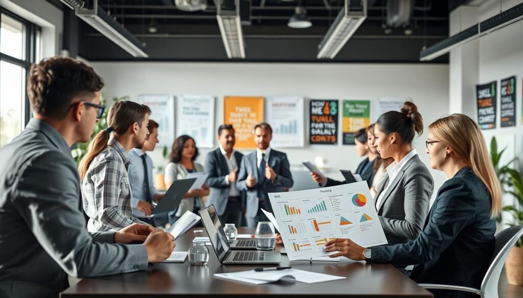 A composed scene depicting a modern office environment focused on evaluating technical and soft skills. In the foreground, a diverse group of professionals in business attire attentively engages with various assessment tools such as laptops, skill evaluation charts, and interactive presentations. In the middle ground, a facilitator is guiding a dynamic workshop, highlighting teamwork and collaboration. The background showcases a bright, well-lit office with large windows, plants, and motivational posters, creating a professional yet inviting atmosphere. The lighting is soft and natural, casting gentle shadows, while the angle captures a slight bird’s-eye view, emphasizing interaction and engagement. The overall mood is focused, supportive, and innovative, reflecting the importance of thorough candidate evaluation.