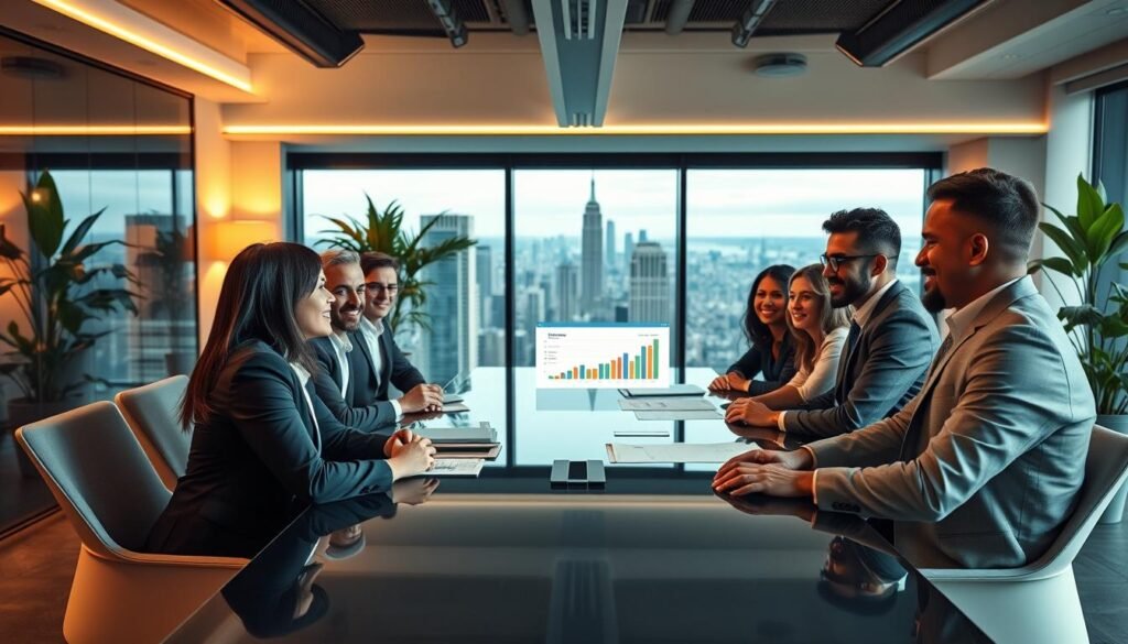 A confident business team gathered around a sleek conference table, engaged in a strategic discussion about success and commitment in the corporate world. In the foreground, a diverse group of professionals in business attire, including a woman of Asian descent and a man of African descent, are animatedly sharing ideas, with charts and graphs on a digital screen reflecting positive growth. In the middle, a large window reveals a bustling cityscape, symbolizing opportunities and ambition. The background features modern office decor with plants, conveying a fresh, inspiring atmosphere. Soft, warm lighting enhances the scene, creating a sense of motivation and collaboration. The overall mood is focused and dynamic, encapsulating the essence of business success. A confident business team gathered around a sleek conference table, engaged in a strategic discussion about success and commitment in the corporate world. In the foreground, a diverse group of professionals in business attire, including a woman of Asian descent and a man of African descent, are animatedly sharing ideas, with charts and graphs on a digital screen reflecting positive growth. In the middle, a large window reveals a bustling cityscape, symbolizing opportunities and ambition. The background features modern office decor with plants, conveying a fresh, inspiring atmosphere. Soft, warm lighting enhances the scene, creating a sense of motivation and collaboration. The overall mood is focused and dynamic, encapsulating the essence of business success.