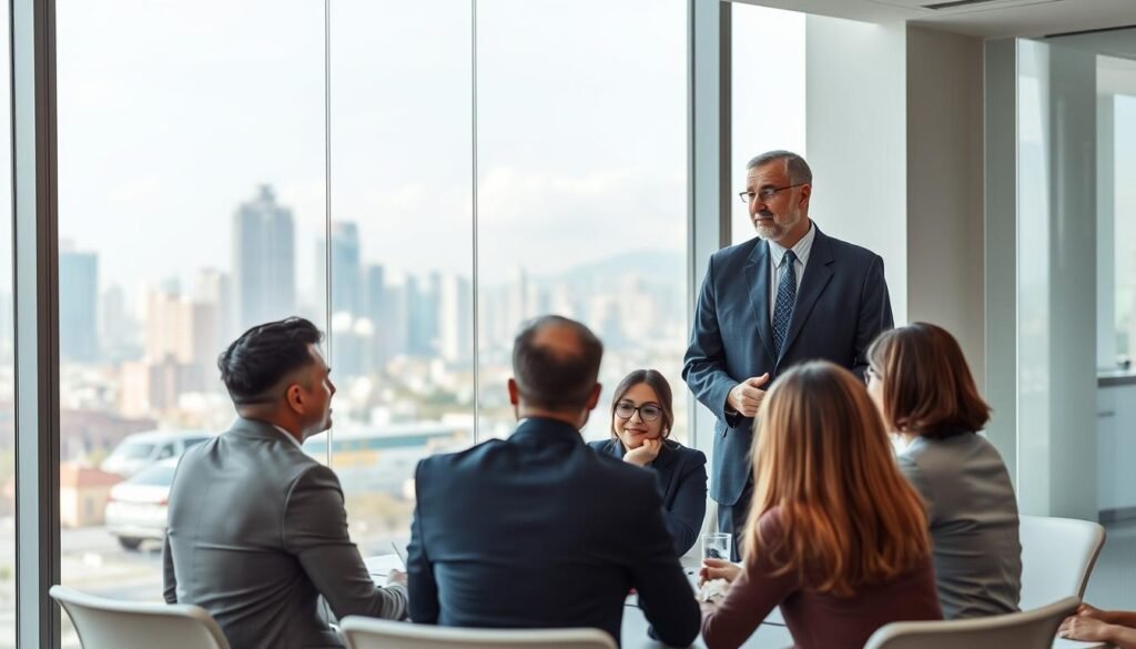 A confident executive coach in a modern office, standing in front of a large window with a view of Colombia's skyline. The coach, a middle-aged Hispanic man in a tailored navy suit, is engaging in a discussion with a group of diverse executives seated at a sleek conference table. The room is bright and contemporary, illuminated by soft natural light filtering through the glass, enhancing the atmosphere of professionalism and insight. The background showcases the vibrant energy of Bogotá, blending urban scenery with a sense of achievement and leadership. The executives, dressed in business attire, reflect focus and ambition as they listen attentively, creating a mood of collaboration and empowerment. A confident executive coach in a modern office, standing in front of a large window with a view of Colombia's skyline. The coach, a middle-aged Hispanic man in a tailored navy suit, is engaging in a discussion with a group of diverse executives seated at a sleek conference table. The room is bright and contemporary, illuminated by soft natural light filtering through the glass, enhancing the atmosphere of professionalism and insight. The background showcases the vibrant energy of Bogotá, blending urban scenery with a sense of achievement and leadership. The executives, dressed in business attire, reflect focus and ambition as they listen attentively, creating a mood of collaboration and empowerment.