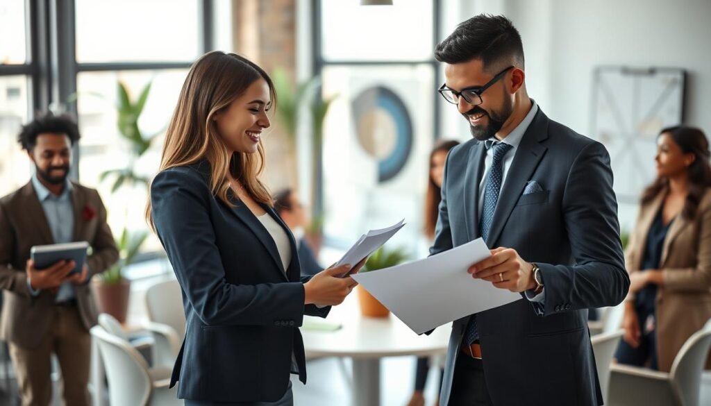 A contemporary business setting showcasing a diverse group of professionals engaged in strategic discussions post-onboarding. In the foreground, a confident woman in a tailored navy blazer and a smartly dressed man with glasses are reviewing documents and digital devices, exchanging ideas enthusiastically. In the middle, a round table surrounded by team members of varying ethnicities contributes to the collaborative atmosphere. The background features large windows letting in soft, natural light that enhances the modern office decor with potted plants and abstract art. The mood is focused and optimistic, reflecting a proactive approach to guiding new hires. Use a moderate depth of field to emphasize the professionals while softly blurring the background elements, capturing a sense of purpose and teamwork within the corporate environment. A contemporary business setting showcasing a diverse group of professionals engaged in strategic discussions post-onboarding. In the foreground, a confident woman in a tailored navy blazer and a smartly dressed man with glasses are reviewing documents and digital devices, exchanging ideas enthusiastically. In the middle, a round table surrounded by team members of varying ethnicities contributes to the collaborative atmosphere. The background features large windows letting in soft, natural light that enhances the modern office decor with potted plants and abstract art. The mood is focused and optimistic, reflecting a proactive approach to guiding new hires. Use a moderate depth of field to emphasize the professionals while softly blurring the background elements, capturing a sense of purpose and teamwork within the corporate environment.
