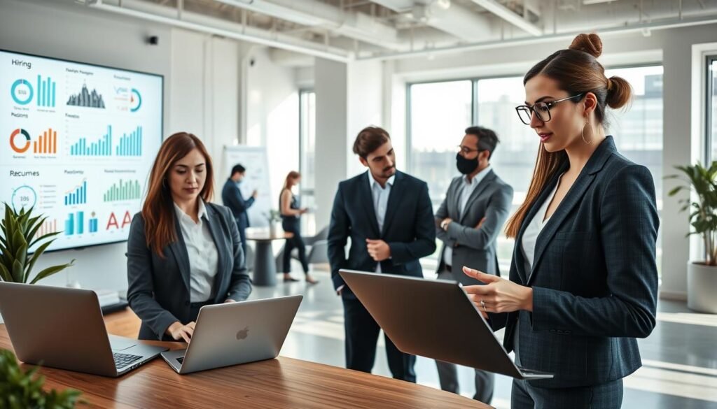 A contemporary office environment showcasing a diverse group of professionals engaged in data-driven recruitment. In the foreground, a confident woman in business attire analyses data on a laptop, surrounded by infographics and charts on a large screen that display hiring statistics and trends. The middle ground features a collaborative space where two men in smart casual outfits discuss resumes and candidate profiles, with a digital whiteboard filled with notes and ideas. The background reveals a bright, modern office with stylish furniture and natural light streaming through large windows, creating a motivating and innovative atmosphere. The scene should evoke a sense of professionalism, teamwork, and forward-thinking in recruitment practices.