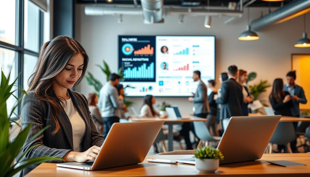 A contemporary office space bustling with activity, showcasing a diverse group of professionals engaged in networking through social media on various devices. In the foreground, a focused woman in smart business attire types on a laptop, while a man beside her shares insights via video call, both illuminated by soft, warm lighting. The middle layer features a large screen displaying social media analytics, contrasting with stylish decor and plants that add a touch of life. In the background, other professionals engage in discussions, enhancing the atmosphere of collaboration and innovation. The image captures a modern, dynamic mood, emphasizing the importance of social media optimization in talent acquisition and human resources.
