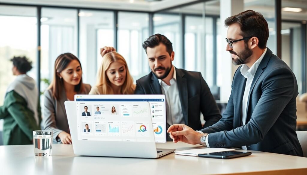A digital workspace scene illustrating the concept of digital tools for headhunting. In the foreground, a diverse group of three professionals—two women and one man—are engaged in a discussion around a modern laptop, all dressed in smart casual attire. The middle of the image showcases various digital tools on the laptop screen, such as a recruitment software interface, candidate profiles, and analytics graphs. In the background, a bright, open office environment with glass walls reflects a collaborative atmosphere, with some soft natural lighting coming through large windows. The overall mood is focused and innovative, capturing the essence of using technology effectively in the recruitment process. The composition should convey a sense of professionalism and modernity.
