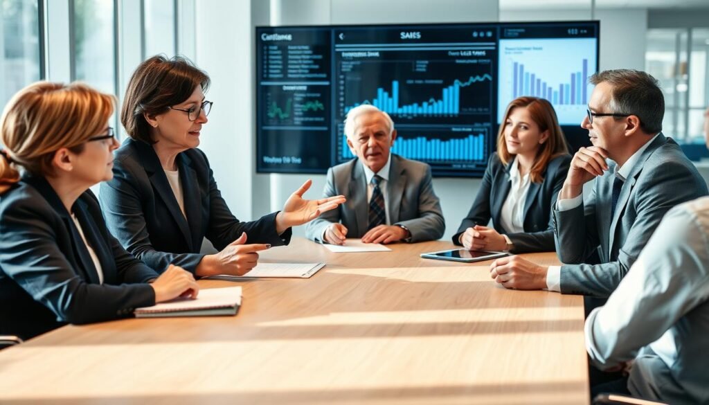 A diverse group of business professionals seated around a modern conference table, engaged in a strategic discussion about board governance. The foreground features a middle-aged woman in a sharp navy blazer, taking notes, while an elderly gentleman with glasses shares insights, gesturing expressively. In the middle ground, a young man in a grey suit and woman in a tailored white blouse listen attentively, fostering collaboration and optimism. The background showcases a large screen displaying data charts, emphasizing the theme of challenges and opportunities. Soft, natural lighting floods the room from large windows, creating a warm and inviting atmosphere. The image conveys a dynamic and professional mood, highlighting teamwork and effective management in an executive setting.