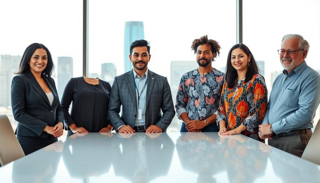 A diverse group of five executive leaders, representing various ethnicities and genders, stands confidently around a modern conference table in a sleek, well-lit boardroom. The foreground features a middle-aged Black woman in a tailored suit, a young Hispanic man in smart casual attire, a South Asian woman in a vibrant blouse, and an older Caucasian man wearing glasses, all engaged in a collaborative discussion. In the background, large windows reveal a city skyline, casting natural light that creates a bright and optimistic atmosphere. The focus is on their camaraderie and determination, highlighting diversity and inclusion in leadership. The image conveys professionalism and unity, emphasizing the importance of varied perspectives in executive roles. A diverse group of five executive leaders, representing various ethnicities and genders, stands confidently around a modern conference table in a sleek, well-lit boardroom. The foreground features a middle-aged Black woman in a tailored suit, a young Hispanic man in smart casual attire, a South Asian woman in a vibrant blouse, and an older Caucasian man wearing glasses, all engaged in a collaborative discussion. In the background, large windows reveal a city skyline, casting natural light that creates a bright and optimistic atmosphere. The focus is on their camaraderie and determination, highlighting diversity and inclusion in leadership. The image conveys professionalism and unity, emphasizing the importance of varied perspectives in executive roles.