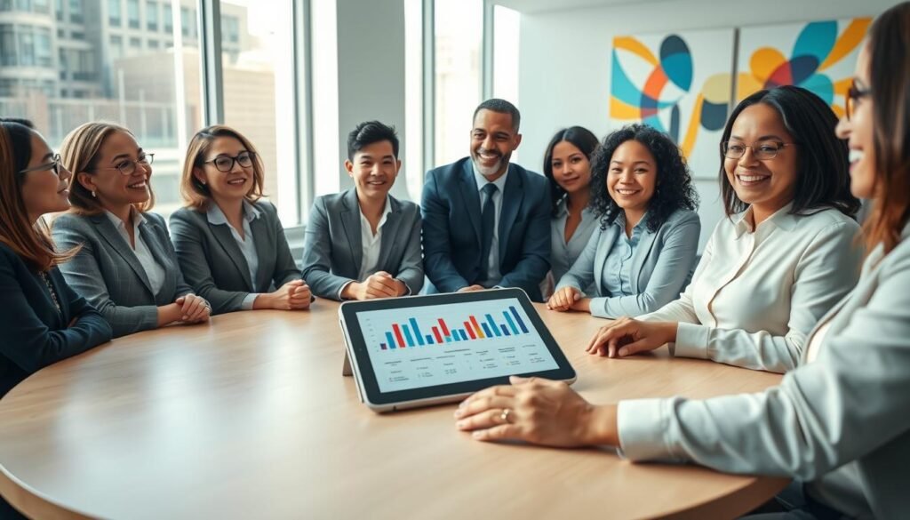 A diverse group of professional executives in business attire is gathered in a modern workplace environment, engaged in a collaborative discussion about organizational culture and transformation. The foreground features a round table with a digital tablet displaying graphs and charts illustrating culture evaluation metrics. In the middle ground, large windows allow natural light to flood the room, creating a bright and inspiring atmosphere. The background includes abstract art symbolizing innovation and teamwork on the walls, promoting a sense of forward-thinking. The composition should convey a mood of optimism and collaboration, with a focus on strategic planning and growth. The angle captures both the executives' engaged expressions and the dynamic workspace, emphasizing the theme of cultural integration. A diverse group of professional executives in business attire is gathered in a modern workplace environment, engaged in a collaborative discussion about organizational culture and transformation. The foreground features a round table with a digital tablet displaying graphs and charts illustrating culture evaluation metrics. In the middle ground, large windows allow natural light to flood the room, creating a bright and inspiring atmosphere. The background includes abstract art symbolizing innovation and teamwork on the walls, promoting a sense of forward-thinking. The composition should convey a mood of optimism and collaboration, with a focus on strategic planning and growth. The angle captures both the executives' engaged expressions and the dynamic workspace, emphasizing the theme of cultural integration.