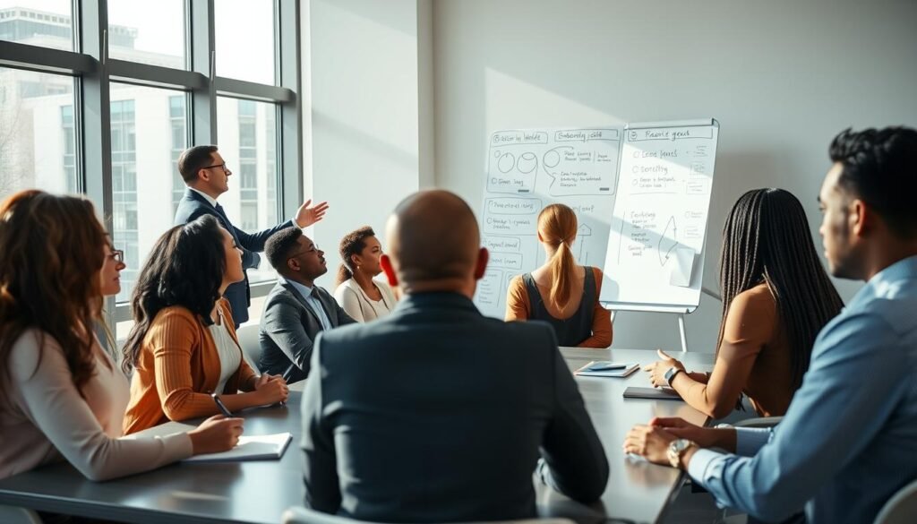 A diverse group of professional individuals engaged in a coaching session within a modern corporate office setting. In the foreground, a confident coach in smart business attire facilitates the discussion, gesturing towards a whiteboard filled with diagrams and positive affirmations. In the middle ground, attentive participants of varying ethnicities and genders sit around a sleek conference table, taking notes and actively participating. The background features large windows allowing natural light to flood the room, creating a bright and motivating atmosphere. Soft shadows enhance the depth, while the warm color palette adds to the inviting mood. The scene captures the essence of practical application in corporate coaching, promoting collaboration and personal growth. A diverse group of professional individuals engaged in a coaching session within a modern corporate office setting. In the foreground, a confident coach in smart business attire facilitates the discussion, gesturing towards a whiteboard filled with diagrams and positive affirmations. In the middle ground, attentive participants of varying ethnicities and genders sit around a sleek conference table, taking notes and actively participating. The background features large windows allowing natural light to flood the room, creating a bright and motivating atmosphere. Soft shadows enhance the depth, while the warm color palette adds to the inviting mood. The scene captures the essence of practical application in corporate coaching, promoting collaboration and personal growth.