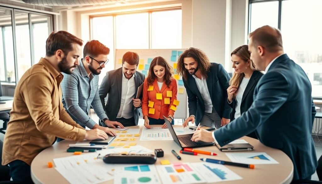 A diverse group of professional individuals engaged in a dynamic team-building exercise in a modern office environment. In the foreground, three men and two women, dressed in smart casual and business attire, collaborating around a large round table covered with charts and tools, showcasing teamwork. The middle ground features a whiteboard filled with colorful sticky notes and diagrams, illustrating their strategic brainstorming session. The background displays large windows with natural light pouring in, creating an inviting and energetic atmosphere. Soft focus on the individuals' faces conveys concentration and enthusiasm. The lighting is bright and warm, evoking a sense of motivation and collaboration, perfect for fostering leadership and teamwork among executive teams. A diverse group of professional individuals engaged in a dynamic team-building exercise in a modern office environment. In the foreground, three men and two women, dressed in smart casual and business attire, collaborating around a large round table covered with charts and tools, showcasing teamwork. The middle ground features a whiteboard filled with colorful sticky notes and diagrams, illustrating their strategic brainstorming session. The background displays large windows with natural light pouring in, creating an inviting and energetic atmosphere. Soft focus on the individuals' faces conveys concentration and enthusiasm. The lighting is bright and warm, evoking a sense of motivation and collaboration, perfect for fostering leadership and teamwork among executive teams.