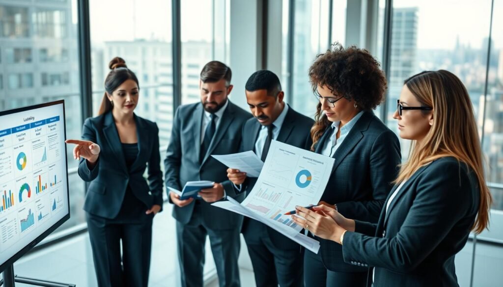 A diverse group of professional individuals engaged in a strategic meeting, analyzing graphs and charts that represent methodologies for leadership search. In the foreground, a confident woman in business attire leads the discussion, pointing to a digital screen showcasing various strategies. In the middle ground, two men in tailored suits take notes and examine documents filled with data, while another woman collaborates with them, her laptop open with visible tables and analytics. The background features a modern office with glass walls and city views, illuminated by soft, natural lighting that conveys a hopeful and inspirational atmosphere. Use a wide-angle lens to capture the collaborative energy of the scene, emphasizing teamwork in a corporate setting dedicated to finding effective leadership solutions.