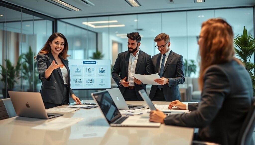 A diverse group of professional recruiters, dressed in smart business attire, engaged in a strategic discussion around a sleek conference table filled with documents and laptops. In the foreground, a confident female recruiter gestures toward a digital presentation highlighting talent acquisition strategies. In the middle, two male recruiters are analyzing resumes and brainstorming talent profiles. The background features a modern office environment with glass walls, plants, and soft overhead lighting, creating a professional atmosphere. The scene conveys an air of collaboration and innovation, focusing on the strategic role of headhunters in talent search. The lighting is warm and inviting, emphasizing a productive workspace. The angle is slightly elevated, capturing the energy and dynamics of the meeting.