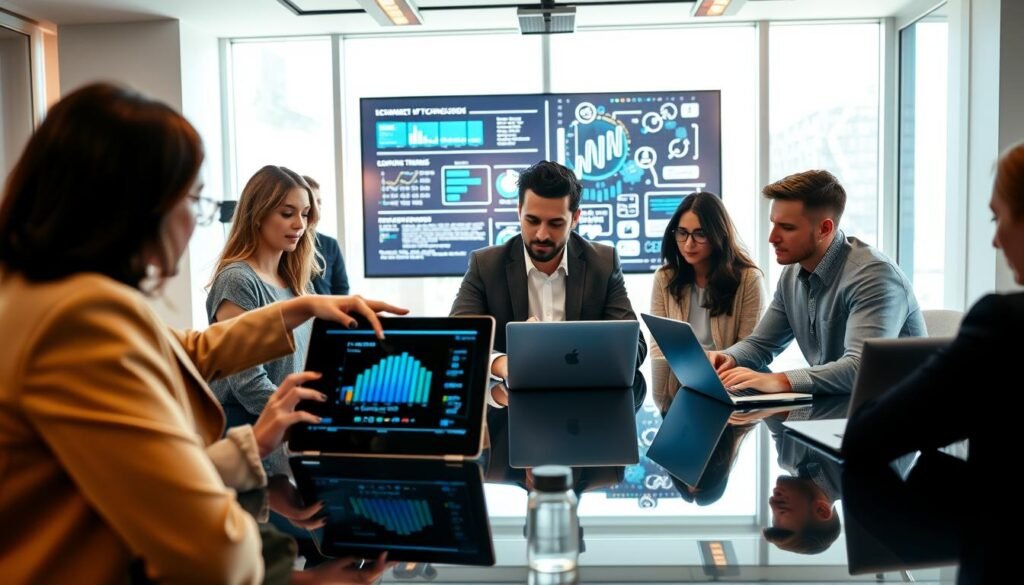 A diverse group of professionals collaborating around a high-tech conference table, representing various aspects of the technology field. In the foreground, a woman in business attire gestures toward a digital tablet displaying data analytics, while a man in smart casual clothing takes notes on a laptop. In the middle background, a large screen showcases technology trends and coding algorithms. The setting is bright, with warm artificial lighting and a sleek modern design, emphasizing innovation and teamwork. Natural light filters through large windows, creating an inspiring and dynamic atmosphere, hinting at growth and opportunity in the tech sector. The scene captures the essence of talent in technology, focusing on collaboration and skill development.