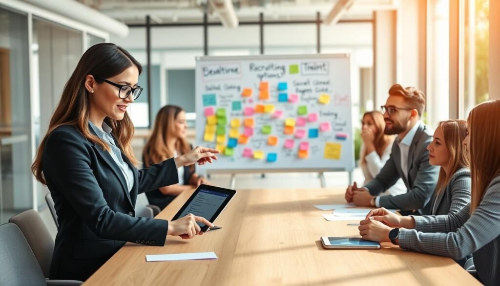 A diverse group of professionals collaboratively engaging in a brainstorming session around a modern conference table, illustrating the theme of "free recruitment options." In the foreground, a confident woman in professional business attire points at a digital tablet displaying job listings, while a focused man with glasses takes notes. In the middle ground, a whiteboard filled with colorful sticky notes and ideas about attracting talent without significant investment. The background features an open, bright office space with large windows, allowing natural light to flood in, creating a warm and inviting atmosphere. The scene captures a spirit of innovation and teamwork, emphasizing accessibility and creativity in recruitment strategies.