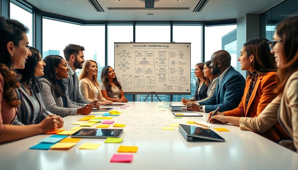 A diverse group of professionals, dressed in smart business attire, is engaged in a dynamic brainstorming session within a modern, well-lit conference room. The foreground features a large table with colorful sticky notes, digital tablets, and charts showcasing growth strategies. In the middle, the team is animatedly discussing, with a whiteboard full of diagrams illustrating personalized organizational transformation strategies. The background has large windows allowing natural light to flood in, highlighting a cityscape. The atmosphere feels collaborative and innovative, reflecting a sense of empowerment and strategic thinking. Use warm, inviting lighting to enhance the mood, with a slight focus on the expressions of the team, capturing their enthusiasm and dedication to effective coaching and transformation.