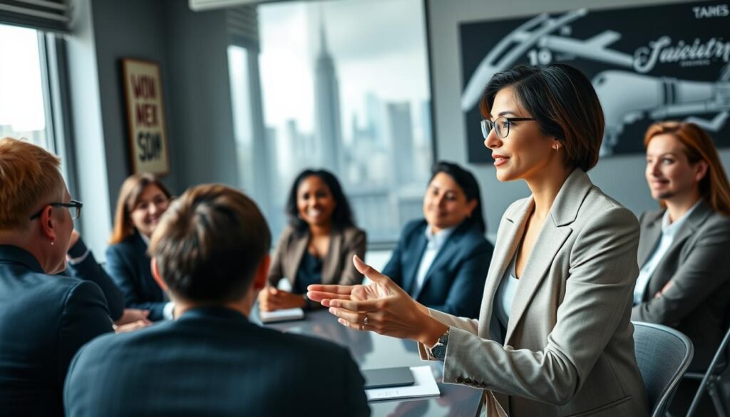 A diverse group of professionals engaged in a coaching session, seated around a modern conference table. In the foreground, a confident female coach facilitating the discussion, wearing a smart blazer, gestures expressively. In the middle ground, various team members, dressed in professional business attire, listen attentively, showing expressions of thoughtfulness and engagement. The background features a large window with natural light pouring in, highlighting a city skyline beyond. The room is well-lit and decorated with motivational artwork. The atmosphere is one of collaboration, innovation, and empowerment, reflecting the benefits of executive coaching for team development. Focus on clarity and sharpness, with a slight depth of field, emphasizing the interactions among the participants.