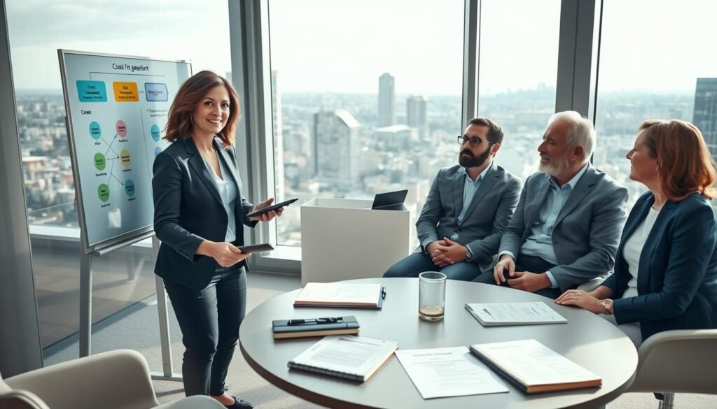 A diverse group of professionals engaged in a collaborative coaching session, set in a modern, well-lit office environment. In the foreground, a middle-aged woman in business attire is presenting a coaching framework on a digital whiteboard, with colorful diagrams and bullet points clearly visible. Surrounding her are three individuals: a young man taking notes on a tablet, an older gentleman listening attentively with a pencil in hand, and a woman nodding in agreement. The middle ground features a round table with coaching tools like notebooks, assessment forms, and motivational quotes strategically placed. In the background, large windows reveal a beautiful urban skyline, with soft natural light filtering into the room. The scene conveys a mood of empowerment, collaboration, and growth in a professional coaching context, with a focus on innovation and development in organizational coaching methodologies.