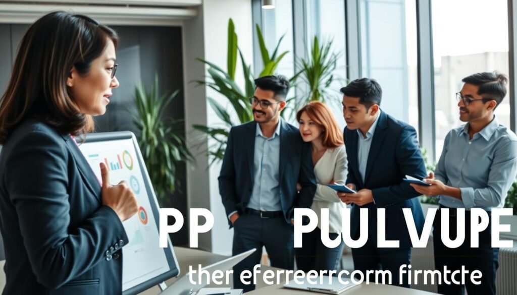 A diverse group of professionals engaged in a collaborative meeting in a modern office space, showcasing the theme of organizational culture and performance impact. In the foreground, a middle-aged Asian woman in smart business attire leads a discussion, gesturing towards a whiteboard filled with colorful charts and graphs. In the middle ground, attentive colleagues—two men and a woman of different ethnicities, all dressed in professional attire—are taking notes and sharing ideas. The background features large windows allowing natural light to flood the space, plants for a refreshing environment, and minimalistic decor emphasizing a forward-thinking atmosphere. The scene conveys a mood of innovation, teamwork, and positive energy, highlighting the importance of cultivating a strong organizational culture for enhanced performance.