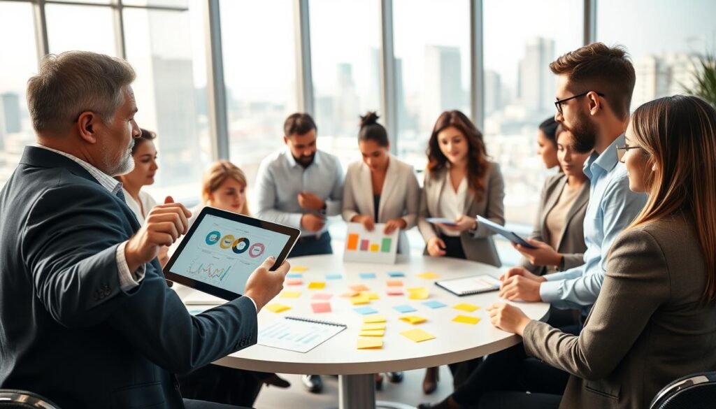 A diverse group of professionals engaged in a collaborative workshop within a modern office environment. In the foreground, a middle-aged man in a tailored suit gestures animatedly, showcasing a strategy on a digital tablet; next to him, a young woman in business attire takes notes. In the middle, a large round table displays colorful charts and sticky notes, symbolizing practical coaching strategies. The background features glass walls with a view of a vibrant city skyline, allowing natural light to flood the space, creating a bright and open atmosphere. The mood is focused yet energetic, emphasizing teamwork and innovative thinking, captured with a warm color palette and a slight depth of field to highlight the main subjects.