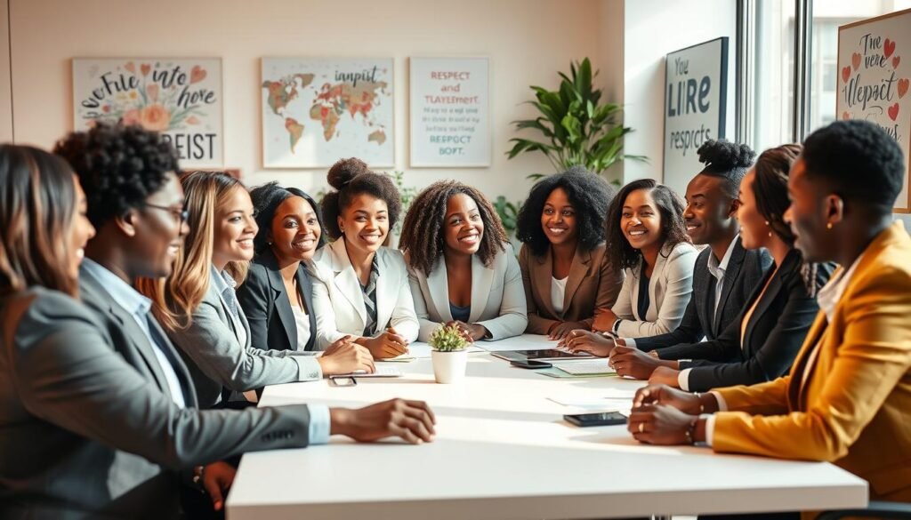 A diverse group of professionals engaged in a dynamic meeting about inclusion and diversity in hiring practices. Foreground: a diverse array of business people in formal attire, including women and men of various ethnicities, animatedly discussing around a conference table. Middle ground: a light-filled, modern office setting with large windows and plants, suggesting a welcoming atmosphere. Background: inspirational artwork on the walls symbolizing diversity, teamwork, and respect. Use warm, natural lighting to create an uplifting mood, captured with a slightly wide-angle lens to encompass the collaborative energy of the group. Emphasize a sense of professionalism and inclusiveness throughout the scene. No text or logos present. A diverse group of professionals engaged in a dynamic meeting about inclusion and diversity in hiring practices. Foreground: a diverse array of business people in formal attire, including women and men of various ethnicities, animatedly discussing around a conference table. Middle ground: a light-filled, modern office setting with large windows and plants, suggesting a welcoming atmosphere. Background: inspirational artwork on the walls symbolizing diversity, teamwork, and respect. Use warm, natural lighting to create an uplifting mood, captured with a slightly wide-angle lens to encompass the collaborative energy of the group. Emphasize a sense of professionalism and inclusiveness throughout the scene. No text or logos present.