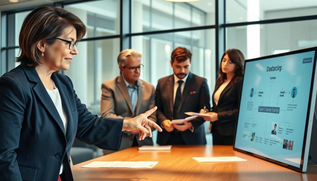 A diverse group of professionals gathered around a conference table in a modern office setting, focusing intently on a large digital screen displaying a flowchart of team dynamics. The foreground features a middle-aged woman in a navy blazer pointing at the screen, illustrating her insights with an engaged expression. In the middle ground, two men in business attire, one in a gray suit and the other in a black one, take notes thoughtfully, while a younger woman in smart casual clothing leans in to contribute her ideas. The background showcases large windows with soft natural light streaming in, casting a warm glow on the scene that conveys a collaborative and constructive atmosphere. The image captures the essence of identifying dysfunctions in team dynamics with clarity and professionalism. A diverse group of professionals gathered around a conference table in a modern office setting, focusing intently on a large digital screen displaying a flowchart of team dynamics. The foreground features a middle-aged woman in a navy blazer pointing at the screen, illustrating her insights with an engaged expression. In the middle ground, two men in business attire, one in a gray suit and the other in a black one, take notes thoughtfully, while a younger woman in smart casual clothing leans in to contribute her ideas. The background showcases large windows with soft natural light streaming in, casting a warm glow on the scene that conveys a collaborative and constructive atmosphere. The image captures the essence of identifying dysfunctions in team dynamics with clarity and professionalism.