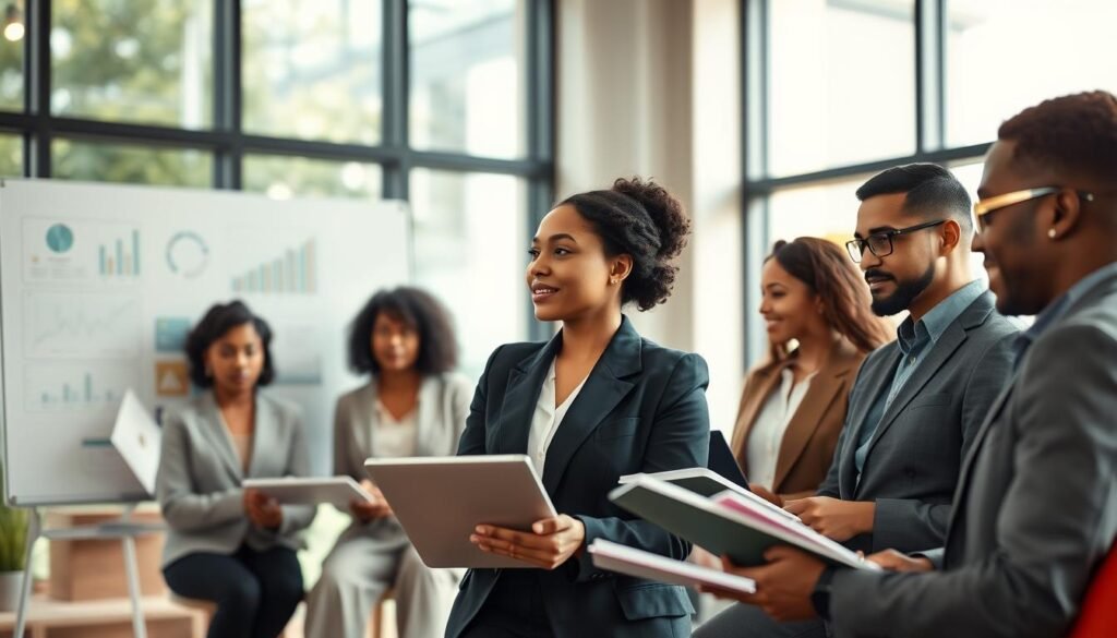A diverse group of professionals in a modern office setting, actively engaged in a coaching session. In the foreground, a confident female leader in business attire facilitates a discussion, with a whiteboard behind her filled with charts and ideas. The middle ground features a collaborative atmosphere with team members representing different ethnicities, exchanging insights and collaborating over laptops and notebooks. The background showcases large windows allowing natural light to flood the space, enhancing the sense of productivity and creativity. Soft, warm lighting adds an inviting tone to the scene, capturing the essence of leadership, teamwork, and personal development. The overall mood is professional yet encouraging, embodying the theme of growth and skill enhancement through certifications and training programs.