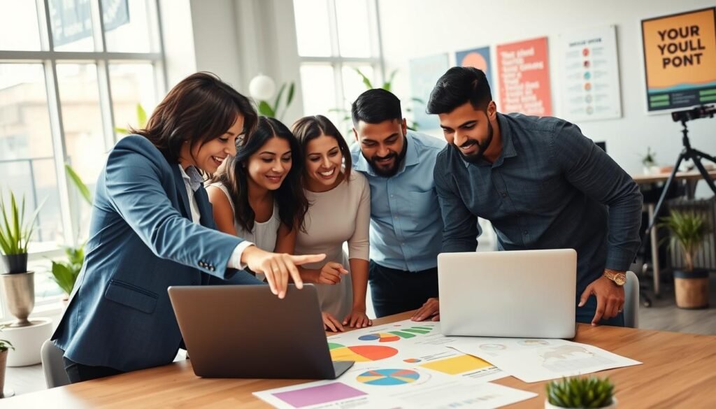 A diverse team of five professionals engaged in a collaborative brainstorming session in a modern office setting. In the foreground, a woman in a blue blazer and a man in a gray suit are animatedly discussing ideas, pointing at colorful charts and notes on a table. The middle ground features two colleagues, a South Asian woman in a smart dress and a Hispanic man in a casual shirt, examining a laptop screen together, showcasing teamwork in action. The background reveals large windows with natural light streaming in, illuminating the workspace filled with plants and motivational posters. The atmosphere is vibrant and focused, conveying a sense of empowerment and growth essential for team strengthening and talent development.