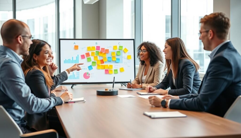 A diverse team of professionals engaged in a dynamic brainstorming session around a large conference table, showcasing teamwork and collaboration. They are wearing smart business attire, exuding an atmosphere of focus and positivity. In the foreground, a smiling woman is pointing at a digital screen displaying graphs and charts, while colleagues take notes and discuss ideas animatedly. The middle ground features a whiteboard filled with colorful sticky notes and diagrams, indicating various thoughts and strategies. The background consists of a modern office setting with large windows letting in soft natural light, creating an inviting and motivating ambiance. The image captures the essence of talent development and team strengthening, highlighting unity and growth in a professional environment.
