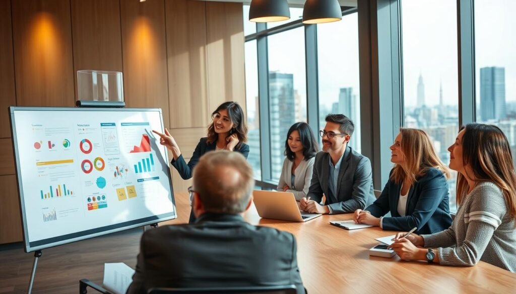 A diverse team of professionals gathered around a modern conference table, engaged in a collaborative brainstorming session. In the foreground, a charismatic woman in business attire is presenting ideas on a digital whiteboard, animatedly gesturing towards colorful diagrams. The middle ground features team members, including a man with glasses taking notes, and a woman listening attentively, both dressed in professional attire. The background showcases a large window with a city skyline view, allowing natural light to flood into the room, enhancing the feeling of openness and creativity. The atmosphere is vibrant and focused, embodying teamwork and talent development, with warm lighting that adds an inviting ambiance.