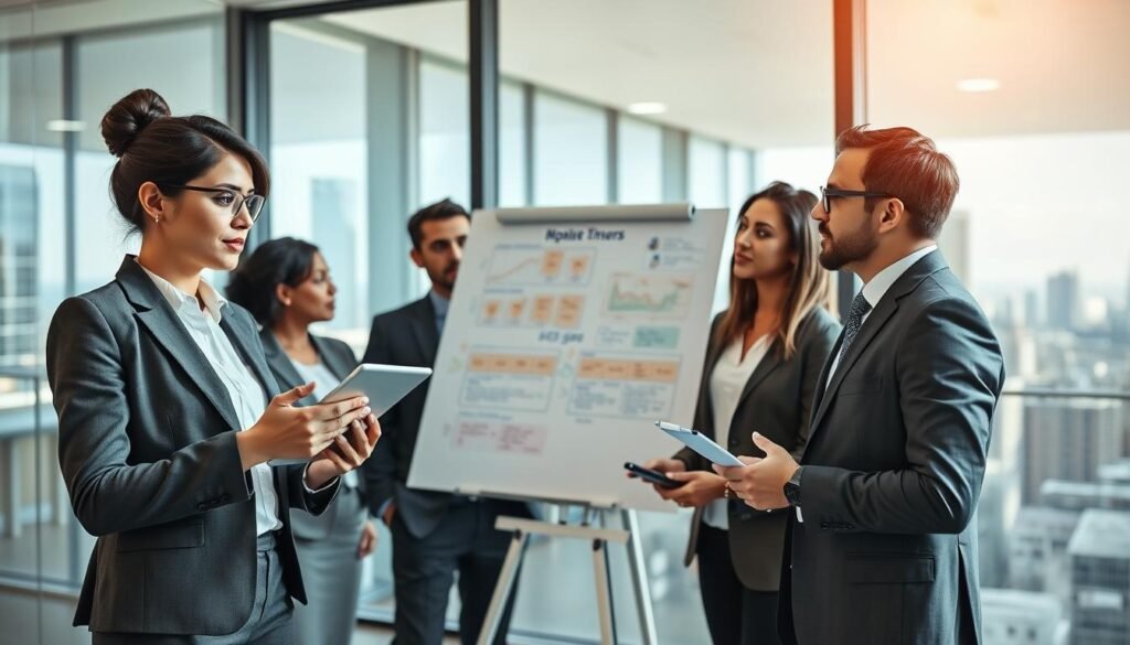 A diverse team of professionals in a well-lit, modern office setting, engaged in a collaborative discussion about financial recruitment strategies. In the foreground, a confident woman dressed in smart business attire is presenting data on a digital tablet, while a focused man in a tailored suit takes notes. The middle ground features a large whiteboard filled with colorful diagrams and notes about recruitment techniques. In the background, glass windows reveal a city skyline, adding depth to the atmosphere. The lighting is bright and inviting, conveying a mood of innovation and professionalism, perfect for an article on successful recruitment processes in high-level finance positions.