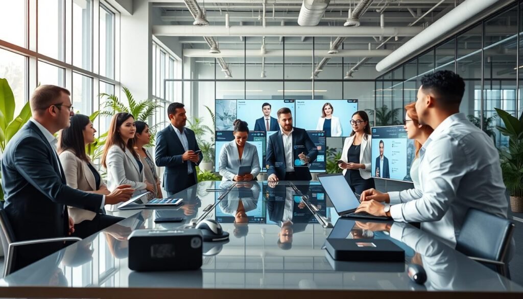 A dynamic and engaging scene depicting the future trends in talent acquisition. In the foreground, a diverse group of professionals dressed in smart business attire are engaged in a brainstorming session around a sleek, modern conference table with digital devices. The middle ground features high-tech tools, such as AI interfaces displaying potential candidates on large screens. In the background, a bright and airy office space filled with green plants and glass walls symbolizes openness and innovation. Soft, natural light filters in through large windows, creating an optimistic and inspiring atmosphere. The camera angle is slightly elevated, capturing both the interaction among the professionals and the advanced technology around them. The overall mood is energetic, forward-thinking, and collaborative, reflecting the exciting future of talent scouting.