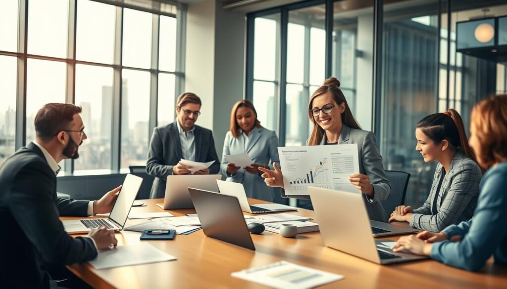 A dynamic and informative scene depicting a professional team engaged in an "active search plan" in a modern office setting. In the foreground, a diverse group of three professionals—two men and one woman—are gathered around a large conference table covered with laptops, notepads, and charts. The woman, dressed in a smart business suit, is presenting a strategy on her laptop with a confident smile. In the middle ground, coworkers discuss and analyze documents, showcasing collaboration and brainstorming. In the background, large windows filter in soft, natural light that creates an inviting atmosphere, and urban cityscape is visible outside, suggesting an edge in talent acquisition. The mood is energetic and focused, reflecting ambition and teamwork, with warm lighting emphasizing the professionalism of the environment.