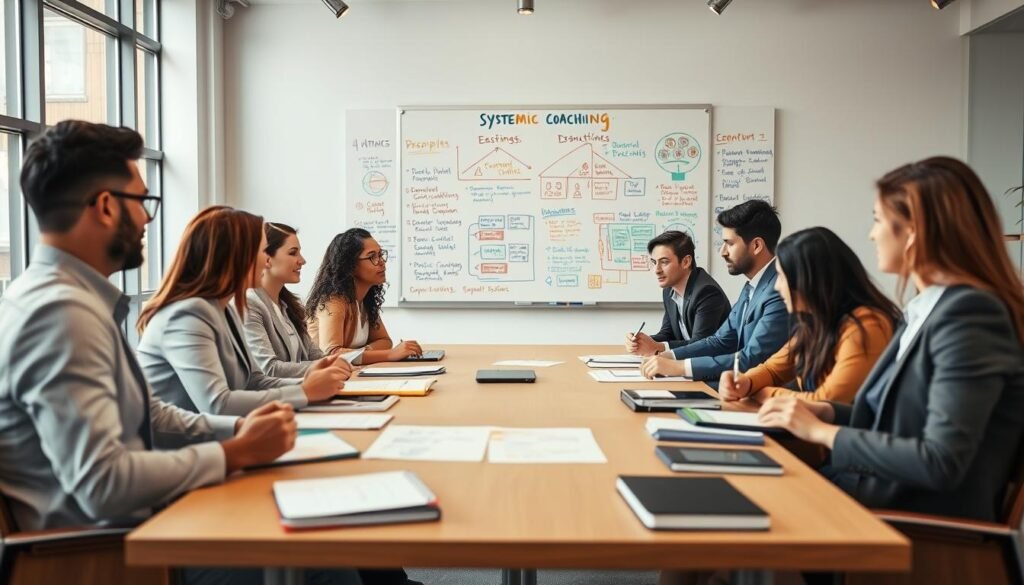 A dynamic and inspiring scene depicting the principles of systemic coaching in organizations. In the foreground, a diverse group of professionals in smart business attire engage in a brainstorming session around a large table filled with notebooks and digital devices. The middle background showcases a modern, open office space with large windows allowing soft natural light to illuminate the area. In the background, a whiteboard filled with colorful diagrams and notes illustrates key concepts of systemic coaching, with charts highlighting collaboration and growth. The mood is collaborative and optimistic, conveying a sense of teamwork and innovation in the workplace. Use a warm color palette to enhance the atmosphere, capturing the essence of positivity and forward-thinking in an organizational context.