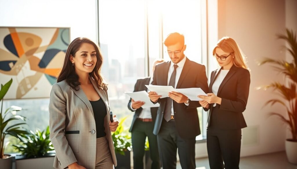 A dynamic and inspiring scene reflecting success in executive search. In the foreground, a diverse group of three business professionals dressed in smart business attire—a confident female executive leading a discussion, a male team member taking notes, and another woman analyzing a report. In the middle ground, a modern office setting with a large glass window showing a city skyline, symbolizing growth and opportunity. The background features abstract art on the walls and greenery, promoting a fresh, innovative atmosphere. The lighting is bright and natural, streaming through the window and casting soft shadows, enhancing the professional ambiance. Capture the mood of collaboration, ambition, and leadership in a sleek and polished aesthetic.