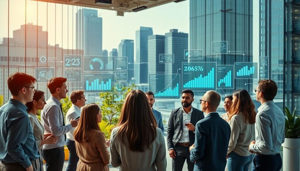A dynamic and modern business environment showcasing the integration of technology and innovation in an entrepreneurial ecosystem. In the foreground, a diverse group of professionals in smart casual attire engage in a vibrant discussion, surrounded by holographic displays illustrating data analytics and futuristic technology concepts. In the middle ground, sleek office spaces feature glass walls and greenery, symbolizing collaboration and sustainability. The background includes city skyscrapers, symbolizing growth and opportunity. Soft, ambient lighting enhances the atmosphere of innovation and energy, while a wide-angle perspective captures the depth of the scene, inviting viewers to explore this thriving business landscape. The overall mood is optimistic and forward-looking, embodying the spirit of entrepreneurship and technological advancement.