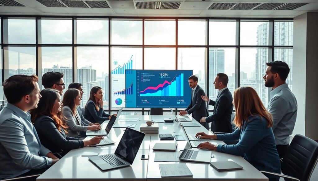 A dynamic and modern office space depicting the adaptation to Colombian labor market trends. In the foreground, a diverse group of professionals, dressed in formal business attire, engaged in collaborative discussions around a large table covered with documents and laptops. The middle section showcases a large digital screen displaying graphs and statistics that highlight market trends, while a vibrant Colombian cityscape is visible through large windows in the background. Natural light floods the room, creating a bright and optimistic atmosphere. The overall mood is one of innovation and teamwork, emphasizing the strategic identification of talent in a rapidly evolving market. A dynamic and modern office space depicting the adaptation to Colombian labor market trends. In the foreground, a diverse group of professionals, dressed in formal business attire, engaged in collaborative discussions around a large table covered with documents and laptops. The middle section showcases a large digital screen displaying graphs and statistics that highlight market trends, while a vibrant Colombian cityscape is visible through large windows in the background. Natural light floods the room, creating a bright and optimistic atmosphere. The overall mood is one of innovation and teamwork, emphasizing the strategic identification of talent in a rapidly evolving market.