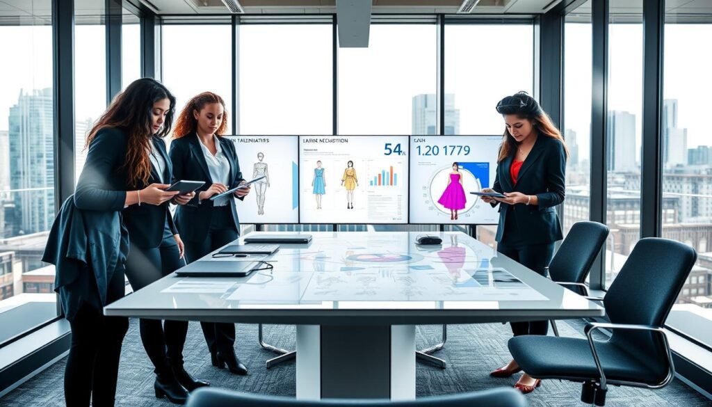 A dynamic and modern workspace showcasing the fusion of technology and fashion talent acquisition. In the foreground, a diverse group of three professionals, dressed in stylish business attire, collaborate over digital tablets and screens displaying fashion designs and data analytics. In the middle ground, a sleek conference table is surrounded by geometric fashion sketches and high-tech recruitment tools. The background features large windows with a city skyline, allowing natural light to flood the room, enhancing the innovative atmosphere. The image should convey a sense of creativity, collaboration, and forward-thinking, with a cool color palette that emphasizes professionalism and modernity. Use a wide-angle perspective to capture the depth and vibrancy of the space.