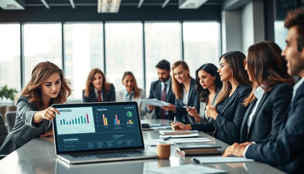 A dynamic and professional meeting scene depicting a diverse group of business professionals in business attire, engaged in discussion and analysis around a large conference table. In the foreground, a focused woman is pointing at a digital chart on a laptop, representing process optimization strategies. In the middle, a diverse array of colleagues, both men and women, are taking notes and examining flowcharts. The background features a modern office environment, with large windows allowing natural light to flood the room, creating an empowering and dynamic atmosphere. Use a shallow depth of field to emphasize the engaged faces, while soft shadows add a professional touch. The overall mood conveys collaboration, strategizing, and innovative thinking, focusing on diagnosing and optimizing organizational processes.