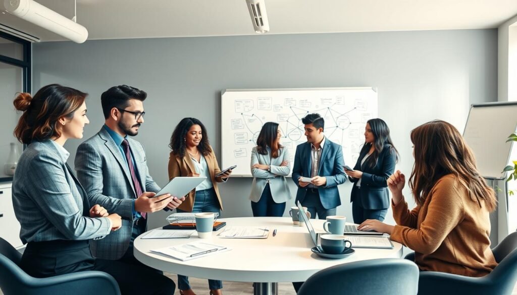 A dynamic and professional scene depicting a diverse group of talent scouts engaged in a collaborative meeting. In the foreground, two individuals in business attire discuss strategies, with laptops and notepads in hand. The middle ground features a round table adorned with documents and coffee cups, while a whiteboard with diagrams and notes stands in the background, symbolizing an integral approach to talent acquisition. The lighting is bright and inviting, creating an atmosphere of energy and innovation. Capture the scene from a slightly elevated angle, emphasizing the teamwork and synergy among the scouts. The overall mood conveys professionalism, focus, and a commitment to holistic talent discovery.