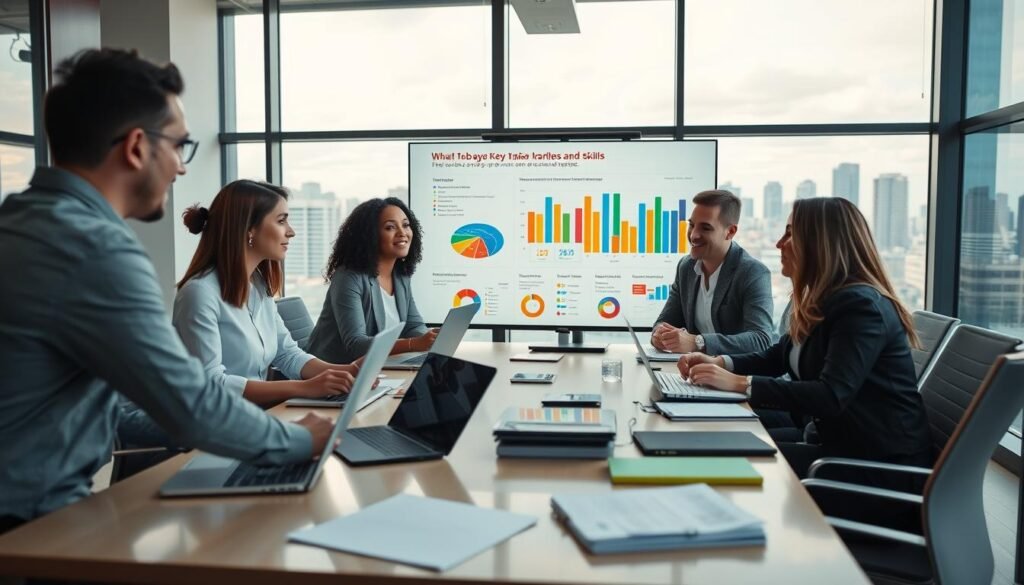 A dynamic and professional scene set in a modern office environment. In the foreground, a diverse group of three professionals, representing various ethnicities and backgrounds, engage in an animated discussion around a sleek conference table filled with laptops, notebooks, and documents. The middle ground features a large display screen showing colorful graphs and infographics related to key labor market profiles and skills. In the background, large windows allow natural light to flood the space, showcasing a city skyline of Bogotá. The atmosphere is one of collaboration and innovation, with an emphasis on growth and opportunity. Use soft, natural lighting to maintain a warm and inviting tone, capturing a moment of teamwork and strategizing for talent acquisition.