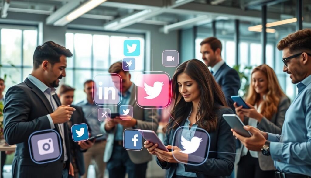 A dynamic and vibrant scene illustrating the concept of employer branding through social media. In the foreground, a diverse group of professionals dressed in business attire are interacting with their smartphones and laptops, sharing ideas and engaging with each other. In the middle ground, visually striking icons of popular social media platforms like LinkedIn, Facebook, and Twitter appear, symbolizing the connection between employers and potential talent. The background features a modern office environment, filled with bright, natural light streaming through large windows, creating an inviting atmosphere. Use a wide-angle lens effect to emphasize the social interaction and digital connectivity, capturing a sense of collaboration and innovation in the recruitment landscape. The overall mood should be upbeat and engaging, conveying a sense of community and forward-thinking in attracting top talent.