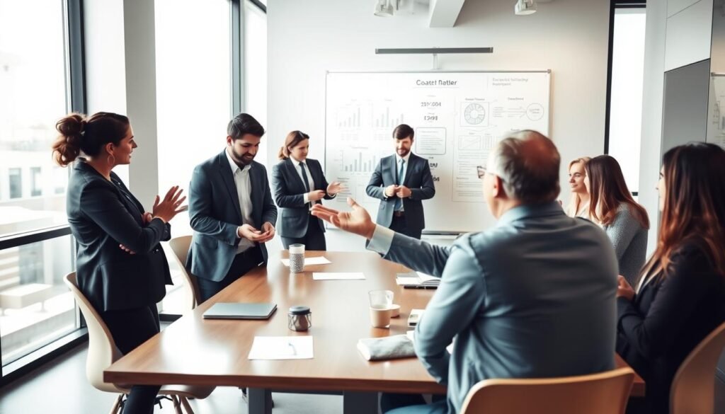 A dynamic business coaching session in a modern office setting, focusing on a diverse group of professionals engaged in a collaborative discussion. In the foreground, a confident coach gestures emphatically while seated at the conference table, surrounded by engaged individuals in professional attire, taking notes and sharing ideas. The middle background features a large whiteboard with diagrams and charts illustrating performance metrics and coaching strategies. Soft, natural lighting filters through large windows, creating an inviting atmosphere that emphasizes teamwork and positive energy. The overall mood is one of motivation and innovation, capturing the essence of coaching's impact on results and performance in a corporate environment.