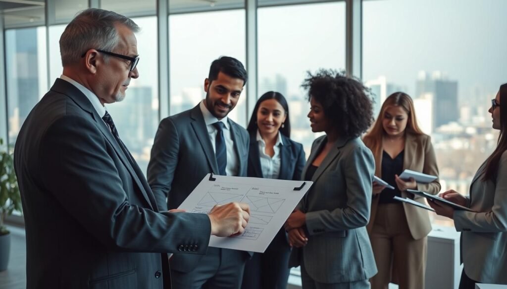 A dynamic business meeting in a modern office environment, showcasing an executive coach engaging with a diverse group of professionals. In the foreground, a middle-aged male coach, dressed in a tailored suit, uses a flip chart to outline key concepts. In the middle, attentive participants of various ethnicities, dressed in professional attire, are collaborating, taking notes, and discussing among themselves, reflecting a productive coaching session. The background features large windows with a cityscape view, allowing natural light to flood the space, creating an inspiring atmosphere. The overall mood is one of empowerment, focus, and collaboration, making it ideal for illustrating practical application in corporate coaching settings. A dynamic business meeting in a modern office environment, showcasing an executive coach engaging with a diverse group of professionals. In the foreground, a middle-aged male coach, dressed in a tailored suit, uses a flip chart to outline key concepts. In the middle, attentive participants of various ethnicities, dressed in professional attire, are collaborating, taking notes, and discussing among themselves, reflecting a productive coaching session. The background features large windows with a cityscape view, allowing natural light to flood the space, creating an inspiring atmosphere. The overall mood is one of empowerment, focus, and collaboration, making it ideal for illustrating practical application in corporate coaching settings.