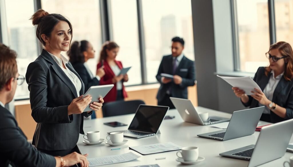 A dynamic business meeting in a modern office setting, featuring a diverse group of professionals engaged in strategic planning. In the foreground, a confident woman in a tailored suit presents data on a sleek tablet, gesturing thoughtfully. To her right, a man with glasses takes notes, while a woman beside him evaluates charts on a digital screen. In the middle, a large conference table is filled with laptops, documents, and coffee cups, showcasing a collaborative atmosphere. The background features large windows letting in soft natural light, illuminating the room and creating a warm, inviting mood. The scene should express energy, teamwork, and focus, reflecting a customized strategic support process.