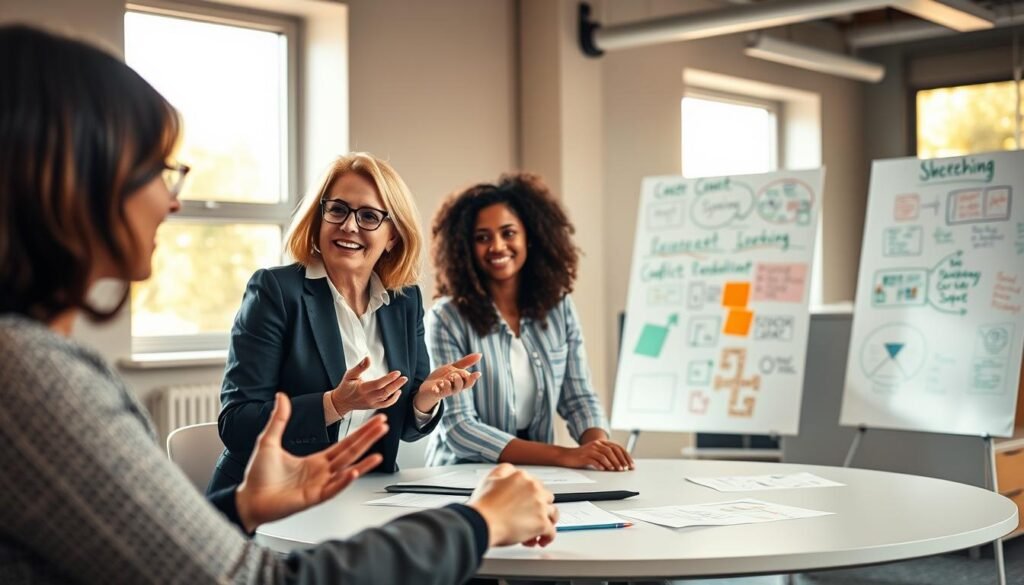 A dynamic business meeting scene featuring a diverse team of professionals engaged in coaching and conflict resolution strategies. In the foreground, a coach, a middle-aged woman in business attire, is animatedly discussing ideas with a young man and woman, both dressed in smart casual clothing. The middle ground shows a large whiteboard filled with colorful diagrams and notes reflecting team dynamics. In the background, there are windows letting in warm, natural light, highlighting the collaborative atmosphere. The room is modern with a round table that encourages open dialogue. The mood is focused yet uplifting, showcasing teamwork and effective communication. Capture the essence of practical coaching and team-building in action. A dynamic business meeting scene featuring a diverse team of professionals engaged in coaching and conflict resolution strategies. In the foreground, a coach, a middle-aged woman in business attire, is animatedly discussing ideas with a young man and woman, both dressed in smart casual clothing. The middle ground shows a large whiteboard filled with colorful diagrams and notes reflecting team dynamics. In the background, there are windows letting in warm, natural light, highlighting the collaborative atmosphere. The room is modern with a round table that encourages open dialogue. The mood is focused yet uplifting, showcasing teamwork and effective communication. Capture the essence of practical coaching and team-building in action.