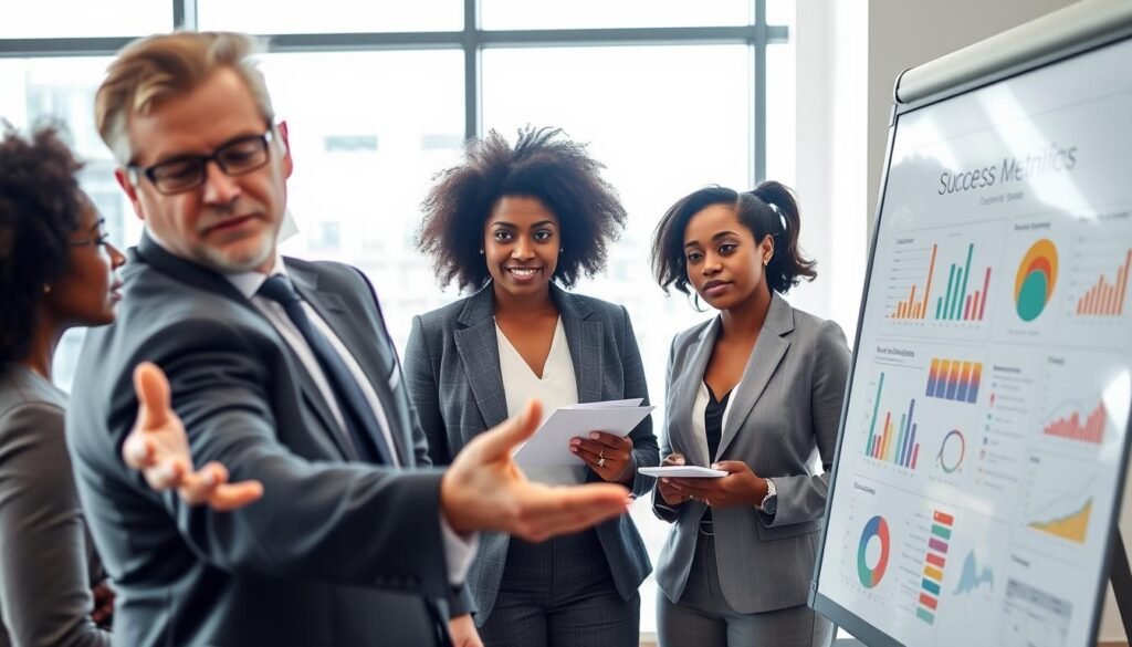 A dynamic business meeting scene showcasing a diverse group of professionals engaged in a coaching session. In the foreground, a knowledgeable executive coach, a middle-aged Caucasian male wearing a tailored suit, is passionately gesturing towards a whiteboard filled with colorful charts and success metrics. In the middle ground, three participants, two women (one African-American and one Hispanic) and one man (South Asian), attentively listening and taking notes, all dressed in sharp business attire. The background features a modern office setting with large windows, letting in natural light that creates a bright and optimistic atmosphere. The composition is shot from a slight low angle to emphasize the importance of the coaching session, conveying a mood of empowerment and success. A dynamic business meeting scene showcasing a diverse group of professionals engaged in a coaching session. In the foreground, a knowledgeable executive coach, a middle-aged Caucasian male wearing a tailored suit, is passionately gesturing towards a whiteboard filled with colorful charts and success metrics. In the middle ground, three participants, two women (one African-American and one Hispanic) and one man (South Asian), attentively listening and taking notes, all dressed in sharp business attire. The background features a modern office setting with large windows, letting in natural light that creates a bright and optimistic atmosphere. The composition is shot from a slight low angle to emphasize the importance of the coaching session, conveying a mood of empowerment and success.
